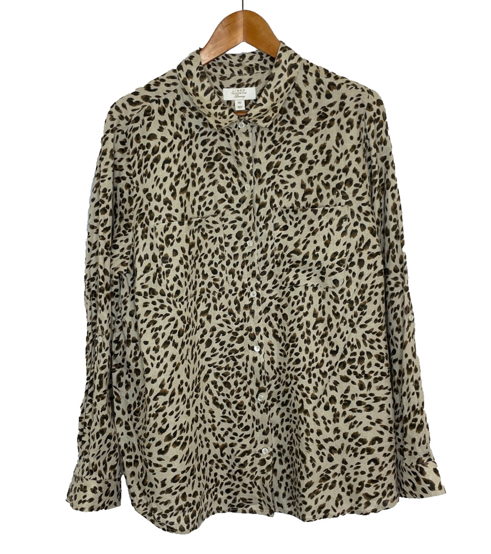 Women's XXL Charter Club Leopard Print 100% Linen Button Down Shirt